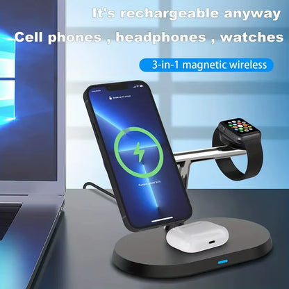 3 in 1 Magnetic Wireless Charger Stand for Iphone 15 14 13 12 Pro Max Apple Watch 1-8 Airpods Macsafe Fast Charging Station Dock